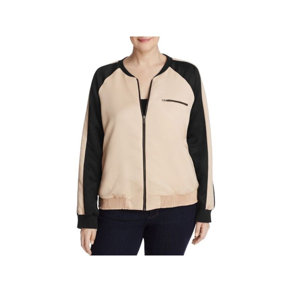 JUNAROSE Womens Beige Zippered Pocketed Smocked Waist Bomber Jacket 0X